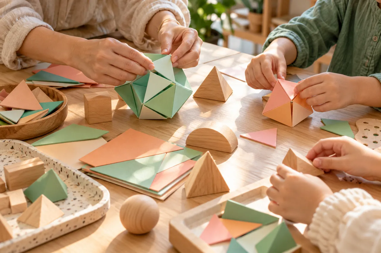 孩子與導師用彩色紙張製作立體幾何作品