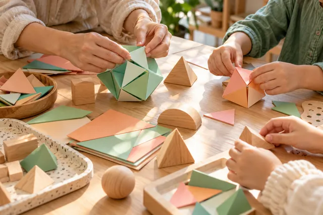 孩子與導師用彩色紙張製作立體幾何作品