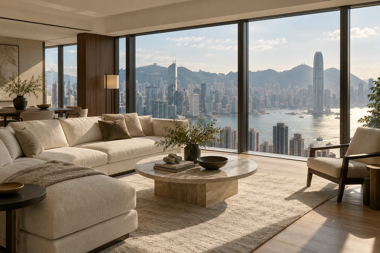 明亮現代住宅的起居空間，暖色石材、木質家具與城市窗景構成開揚格局